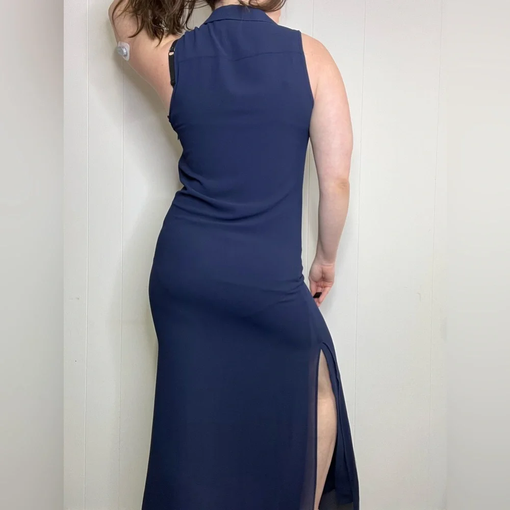 Micheal Kors Navy Sleeveless Maxi Dress With Chain Lace Up Neckline - Picture 8 of 16